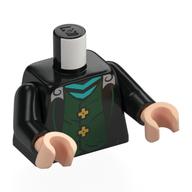 Lego Torso, Coat, Light Bluish Grey Collar, Dark Green Vest, Gold Buttons Print, Black Arms, Light Nougat Hands / Black