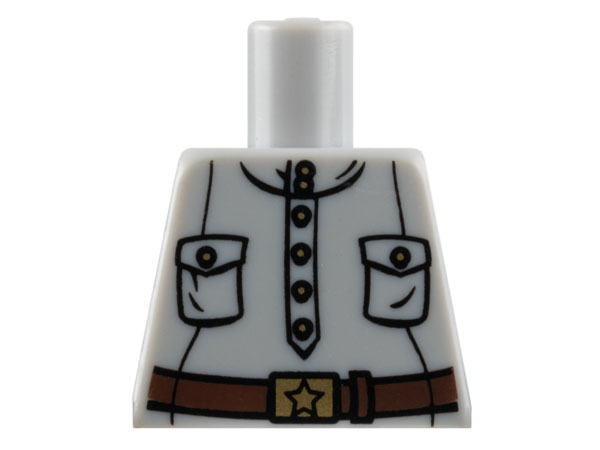 Lego Torso Shirt with Popover Placket, Pockets, and Gold Buttons, Dark Brown Belt with Buckle with Star Pattern / Light Bluish Gray
