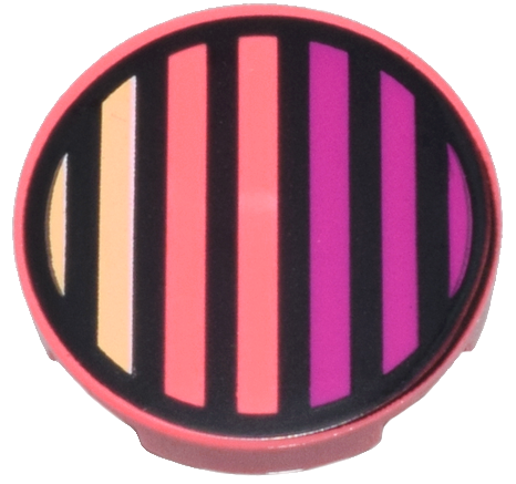 Lego Tile, Round 2 x 2 with Bottom Stud Holder with Black Circle and Bright Light Yellow and Magenta Stripes Pattern