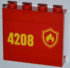 Lego Panel 1 x 4 x 3 with Side Supports - Hollow Studs with Yellow and Red Fire Logo Badge and '4208' on Left Pattern (Sticker) - Set 4208
