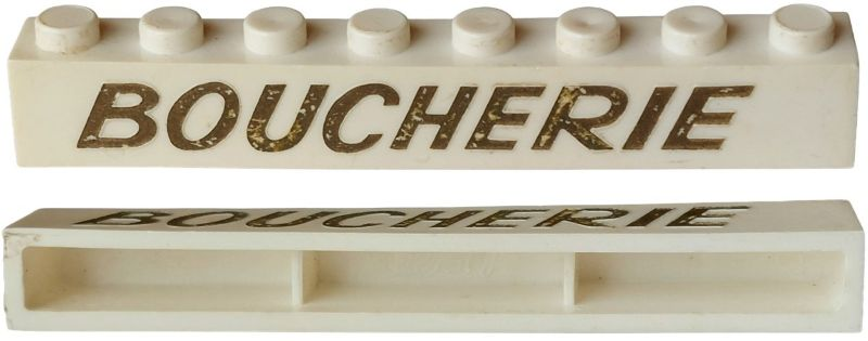Lego Brick 1 x 8 without Bottom Tubes with Cross Side Supports with Dark Gold 'BOUCHERIE' Italic Pattern