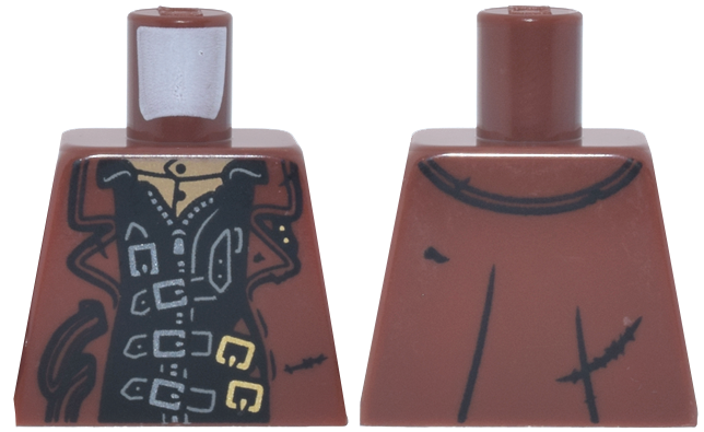 Lego Torso Trench Coat Open with Rips and Tears and Gold Buckles over Black Jacket with Silver Straps, Buckles and Zipper Pattern