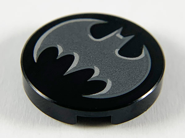 Lego Tile, Round 2 x 2 with Bottom Stud Holder with Dark Silver Bat with Silver Edges Batman Logo Pattern / Black