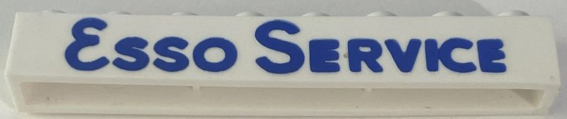 Lego Brick 1 x 8 without Bottom Tubes with Cross Side Supports with Blue 'ESSO SERVICE' Long Bold with Round 'O' Pattern / White
