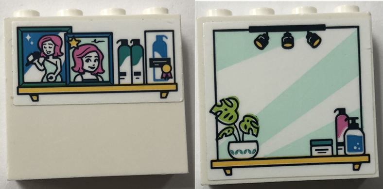 Lego Brick 1 x 4 x 3 with Mirror, Lights, Celebrity Photos, Plant, and Hair Products on Shelves Pattern on Both Sides (Stickers) - Set 41743 / White