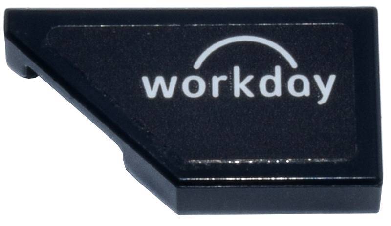 Lego Tile, Modified 1 x 2 Wedge Left with White 'workday' and Semicircle Logo Pattern (Sticker) - Set 77251 / Black