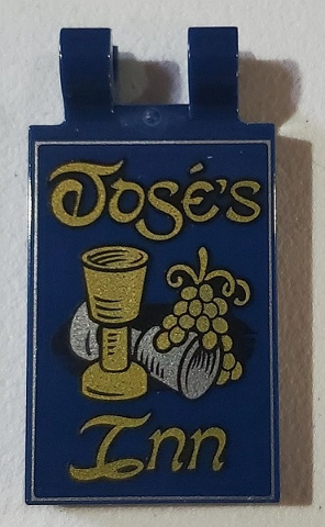 Lego Tile, Modified 2 x 3 with 2 Clips with Wine Goblets, Grapes and 'José's Inn' Pattern