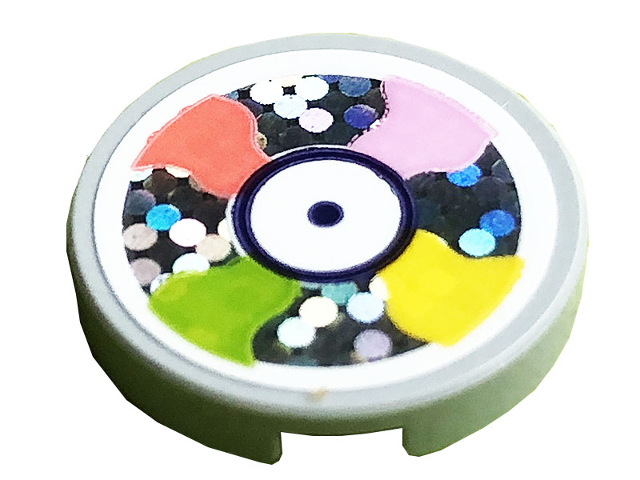 Lego Tile, Round 2 x 2 with Bottom Stud Holder with Bright Pink, Coral, Lime and Yellow Sectors (Compact Disk) Pattern (Sticker) - Set 41250 / Light Bluish Gray