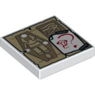 Lego Tile 2 x 2 with Tan Parchment with Sarcophagus and Eye of Horus and White Paper with Red Gem and Question Mark Pattern / White