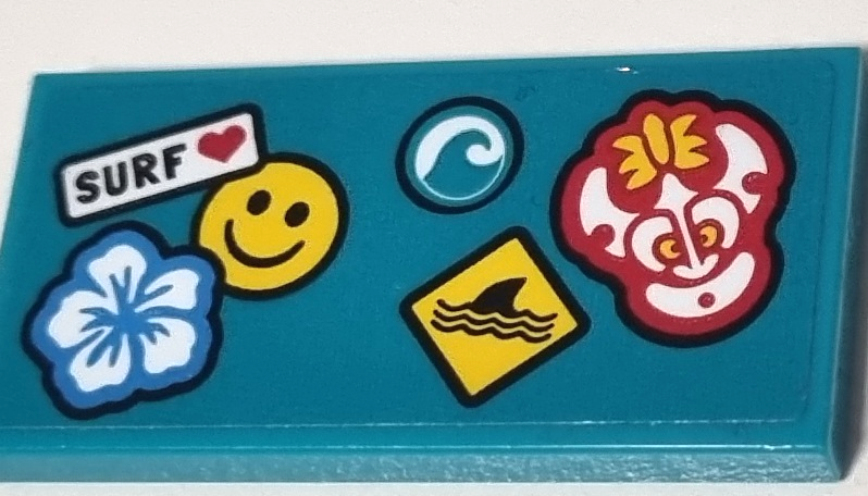 Lego Tile 2 x 4 with Flower, Smiley Face, Tribal Mask, Wave, Shark Fin, and 'SURF' with Heart Pattern (Sticker) - Set 60257 / Dark Turquoise