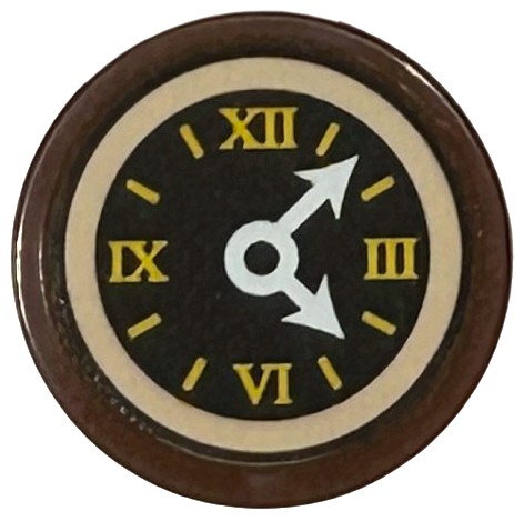 Lego Tile, Round 2 x 2 with Bottom Stud Holder with Dark Brown Clock Face with Roman Numerals, White Hands, Light Nougat Border Pattern (Sticker) - Set 43217 / Reddish Brown