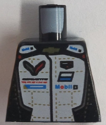 Lego Torso Racing Suit with Stitching, Chevrolet Logo, Mobil 1 Logo, and 'CORVETTE RACING' Pattern / Black