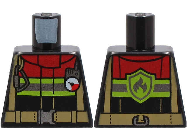 Lego Torso Fire Jacket with Red Collar, Silver and Lime Reflective Stripes, Dark Tan Harness and Belt, Carabiner, and Gauge Pattern / Black