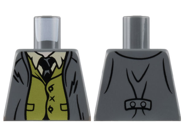 Lego Torso Suit Jacket Open over Olive Green Vest, Tan Shirt, Black Tie, Light Nougat Neck Pattern / Dark Bluish Gray