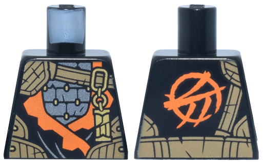Lego Torso Tunic with Orange Trim, Dark Silver Armor, Dark Tan Strap, Gold Clasp and Charm with Ninjago Logogram Letter C Pattern / Black