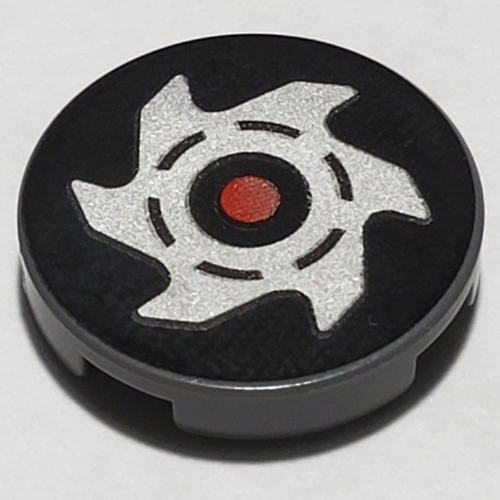 Lego Tile Round 2 x 2 with Silver Star, Red Dot / Black/Red Nindroid Logo Print