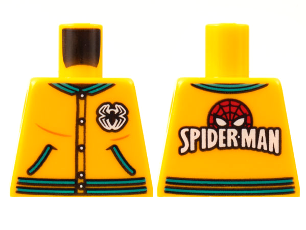 Lego Torso Letter Jacket, Dark Turquoise Trim, Spider Logo, 'SPIDER-MAN' on Back Pattern / Bright Light Orange