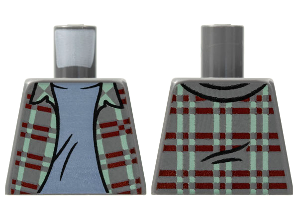 Lego Torso Flannel Shirt with Dark Red and Sand Green Stripes over Sand Blue T-Shirt Pattern / Dark Bluish Gray