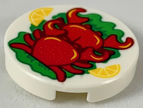 Lego Tile, Round 2 x 2 with Bottom Stud Holder with 2 Red Crabs, 2 Bright Light Orange Orange Slices, Green Garnish Pattern