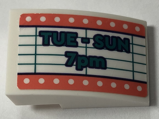 Lego Slope, Curved 3 x 2 with Theater Sign with Coral Border and 'TUE - SUN 7pm' Pattern Model Left Side (Sticker) - Set 41714