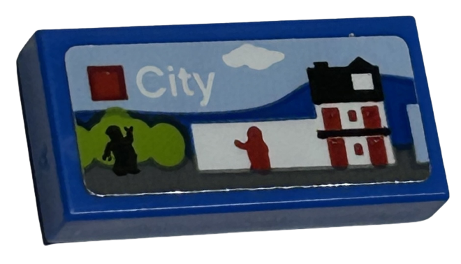 Lego Tile 1 x 2 with LEGO City Set Box Art, Black and Red Minifigure Silhouettes and White House Pattern (Sticker) - Sets 40528 / 40574 / Blue