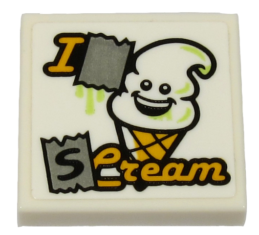 Lego Tile 2 x 2 with 'I S Cream' and Ice Cream with Happy Face Pattern (Sticker) - Set 70432 / White