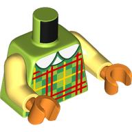 Lego Torso, Green/Lime Plaid Shirt, Yellow/Red Stripes, White Collar print, Bright Light Yellow Arms, Reddish Orange Hands / Lime