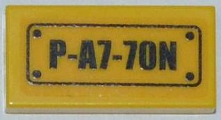 Lego Tile 1 x 2 with 'P-A7-7ON' Pattern (Sticker) - Set 7050 / Yellow