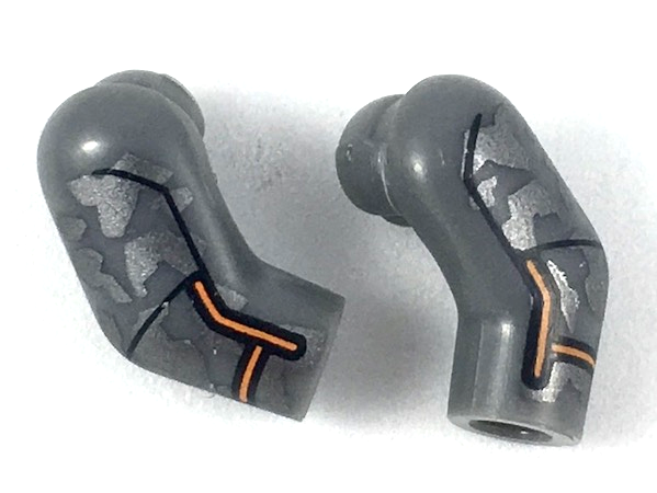 Lego Arm, (Matching Left and Right) Pair with Dark Silver Camouflage and Orange Trim Pattern / Dark Bluish Gray