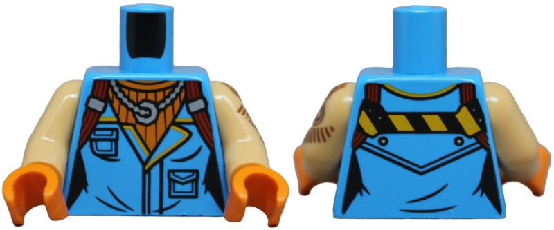 Lego Torso Female Sleeveless Shirt with Pockets, Silver Necklace, Orange Undershirt, Dark Red Straps, Black and Yellow Danger Stripes on Back Pattern / Medium Tan Arm Left with Tattoo Pattern / Medium Tan Arm Right / Orange Hands