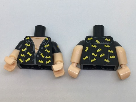 Lego Torso Batman Open Shirt with Dark Bluish Gray Buttons, Trim and Yellow Bats Pattern / Light Nougat Arms with Black Short Sleeves / Light Nougat Hands