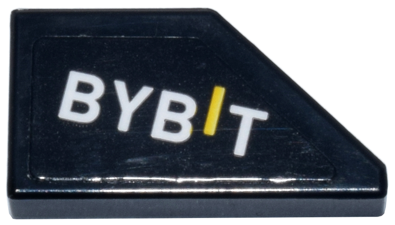 Lego Tile, Modified 1 x 2 Wedge Left with White and Yellow 'BYBIT' Logo Pattern (Sticker) - Set 77243