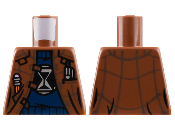 Lego Torso Jacket Open with Dark Brown Lines over Dark Blue Sweater with Silver and Black Hourglass Logo, Pencil and Pen in Pockets Pattern / Reddish Brown