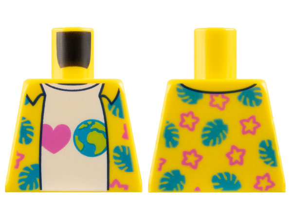 Lego Torso Hawaiian Shirt Open with Dark Azure Leaves and Dark Pink Stars over White T-Shirt with Heart and Earth Pattern / Yellow