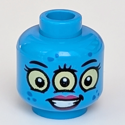 Lego Minifig Head, 3 Yellow Eyes, Red Lips, Smile print [Hollow Stud] / Dark Azure