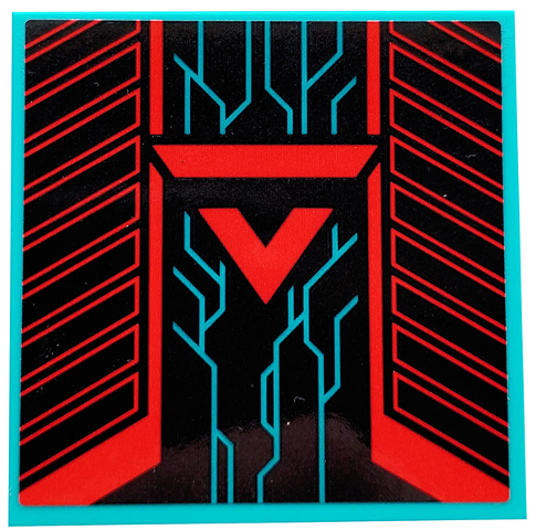 Lego Tile 6 x 6 with Bottom Tubes, Textured Surface with Red and Black Triangle, Geometric Shapes and Dark Turquoise Angled Lines Pattern (Sticker) - Set 71708 / Dark Turquoise