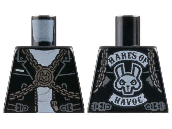 Lego Torso Biker Jacket with White Shirt, Silver Chain Crossbelt and 'HARES OF HAVOC' on Back Pattern / Black