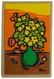 Lego Tile 2 x 3 with Signed Painting of Yellow Flowers with Lime Leaves in Bright Green Pot Pattern (Sticker) - Set 42652 / Tan