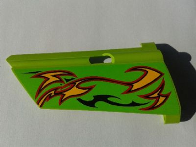 Lego Technic, Panel Fairing #21 Large Long, Small Hole, Side B with Orange and Red Flames on Lime Background Pattern (Sticker) - Set 8649 / Lime