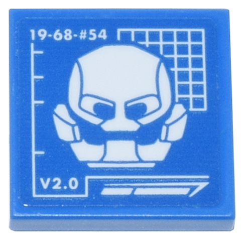 Lego Tile 2 x 2 with Blueprint White Ultron Helmet and '19-68-#54' and 'V2.0' Pattern (Sticker) - Set 76269 / Blue