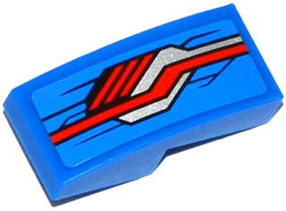 Lego Slope, Curved 2 x 1 x 2/3 with Red, Silver and Black Stripes Pattern Model Left Side (Sticker) - Set 76028 / Blue