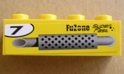 Lego Brick 1 x 4 with Silver Exhaust Pipe, '7' in Circle and 'FuZone Super Fast' Pattern Model Right Side (Sticker) - Set 8154