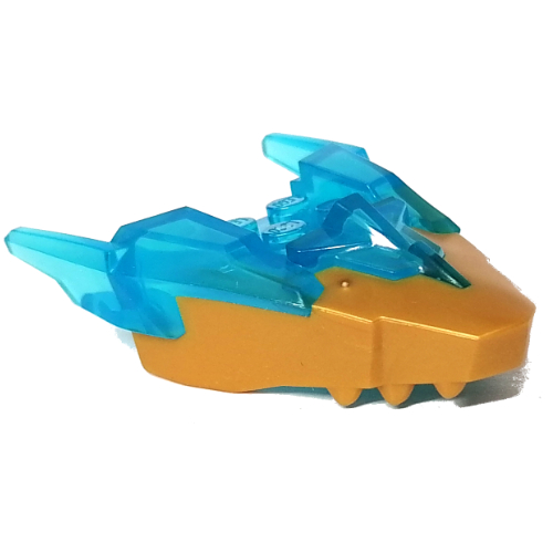 Lego Creature Body Part, Dragon Head with Trans-Light Blue Horns Pattern / Pearl Gold