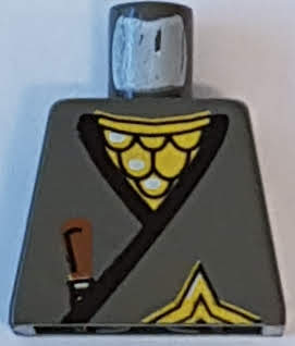 Lego Torso Ninja Wrap with Black Hem over Gold Scale Mail, Brown Dagger Handle, Shuriken Throwing Star Pattern / Dark Gray
