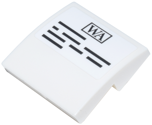 Lego Slope, Curved 2 x 2 x 2/3 with Black Rectangle 'WA' and Printed Text / Lines Pattern (Sticker) - Set 76780 / White