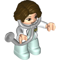 Lego Duplo Figure with Hair Side Parted Dark Brown, Light Aqua Legs, White Top with ID Badge, White Arms, Attached Stethoscope (Medic) / White