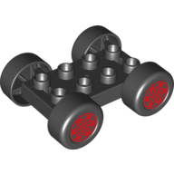 Lego Duplo Car Base, 2 x 4 with Black Tires and Red Hubs Print / Black