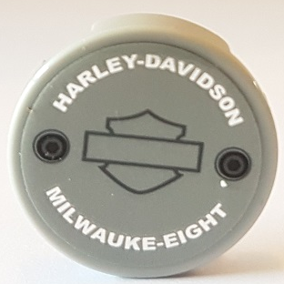 Lego Tile, Round 2 x 2 with Bottom Stud Holder with Silver 'HARLEY-DAVIDSON' and 'MILWAUKE-EIGHT' Pattern (Sticker) - Set 10269