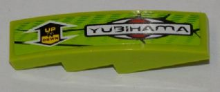 Lego Slope, Curved 4 x 1 with 'YUBIHAMA' and Double Arrow with 'UP N DOWN' Pattern Model Left Side (Sticker) - Set 8231 / Lime