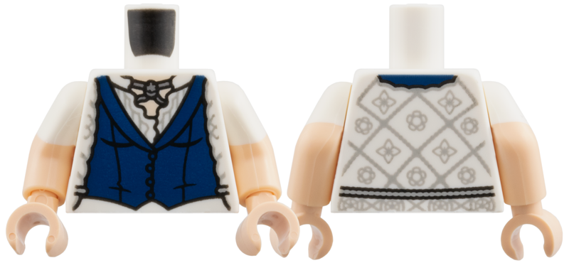 Lego Torso Female Dark Blue Vest, White Blouse with Light Bluish Gray Squares and Flowers, Light Nougat Neck Pattern / Light Nougat Arms with Molded White Short Sleeves Pattern / Light Nougat Hands